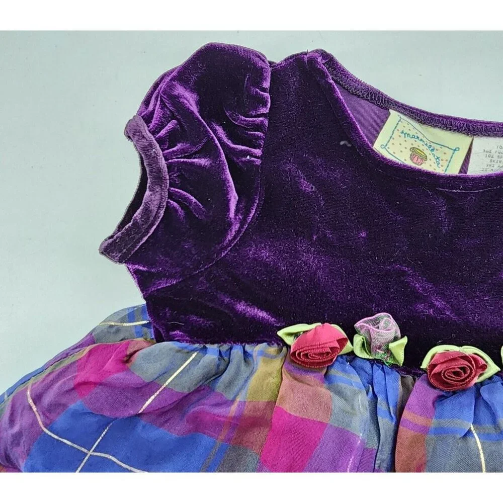 Marmellata Baby Girl Short Sleeve Party Dress Velvet Top Plaid Skirt Purple 6-9M
